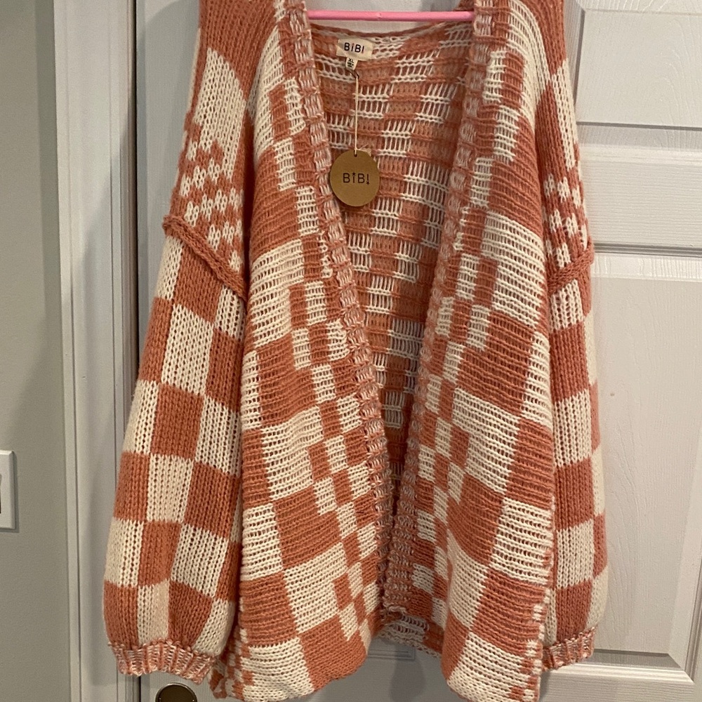 BiBi Pink & White Checkerboard Chunky Open-Knit Cardigan